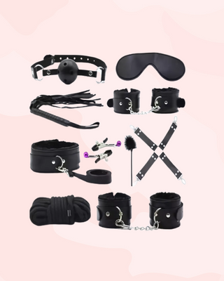 The 10 piece bondage kit  shown here with the black suede interiors.
