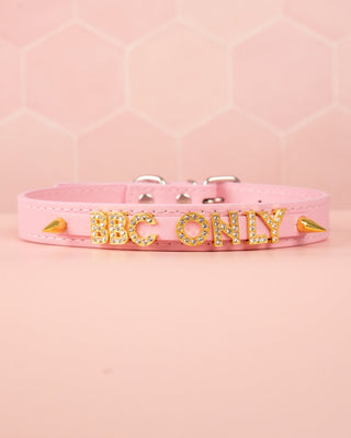 BBC only pink collar front facing image showing the spellout text on the collar.