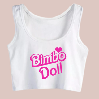 The white version of the sleeveless crop top with the words Bimbo Doll  printed on the front.