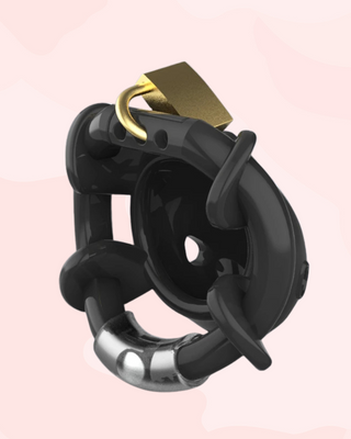 A back view of the CB Adjuster Cuff cock cage, it shows the adjustable ring and padlock in place.