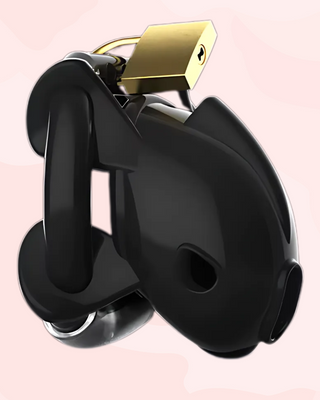 The CB Adjuster Small from a side profile, this black chastity cage shows the base ring and external padlock in place.