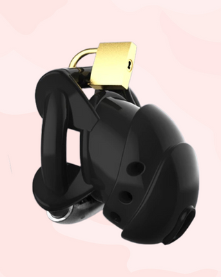 The CB Adjuster standard from a side profile, this black chastity cage shows the base ring and external padlock in place.