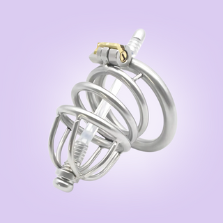 The Chaste Bird Urethral Standard is shown here with the angled base ring and stainless steel urethral tube.