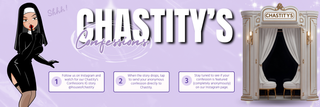 Promotional banner for 'Chastity's Confessions' with a woman in a black dress and a confessions booth.