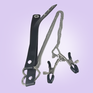 The heart draped chain and nipple clamps lying down, you can see the adjustable collar