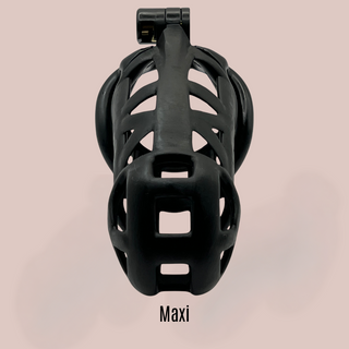 a close up front view of The Cobra Cuff Black Chastity Device Maxi, it is shown fully assembled.
