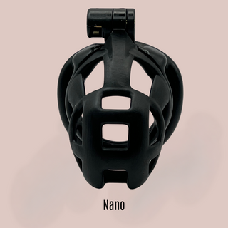 a close up front view of The Cobra Cuff Black Nano chastity cage, it is shown from the front view fully assembled.