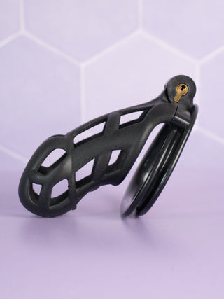 The black Cobra Double Cuff Chastity cage in black shown from the side, you can see the cage fully assembled with its base ring and integral lock fixed in place.