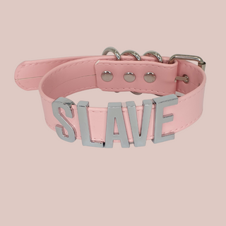 Another front view of the slave collar, you can see the large silve slave lettering and the silver fastenings.