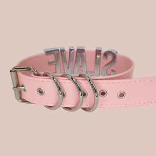 The pink slave collar from a rear view, you can see the back of the lettering and the fastenings.