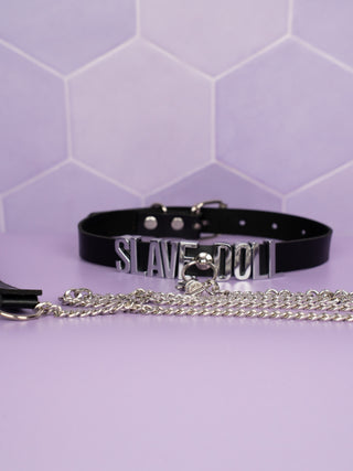 Slave Doll Sexy Slimline Choker With Silver Lettering, O-Ring & Lead
