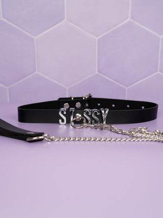 Sissy Sexy Slimline Choker With Silver Lettering, O-Ring & Lead