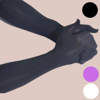 The black elbow length nylon gloves shown up close, you can also see all of the colours that they are available in, which are denoted by the circles on the right; black, lilac and white.