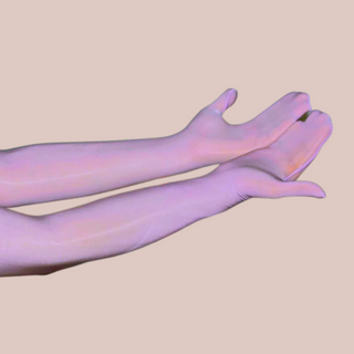 A long length view of the lilac gloves, you can see the separation for the thumb and enclosed fingers.