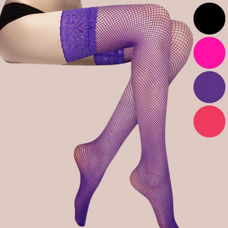 The purple Fishnet Hold Up Stocking shown being modelled, on the left the circles denote the colours they are available in, black, pink, purple and red.