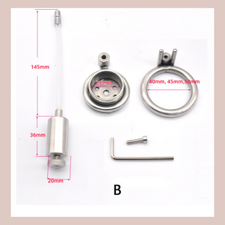 An image of the elements included with style B, the urethral tube, cage base ring, Allen key and bolt.