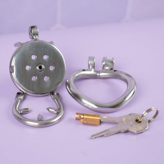 This image shows all elements that are included with the chastity cage, please note that the urethral tube is still  attached to the cage.