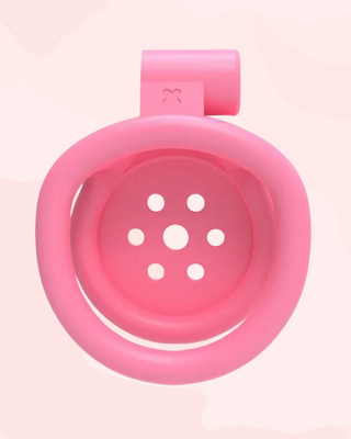 A rear view of the chastity cage, you can see the view looking through the base ring and into the cage.