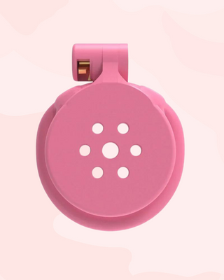 A front view of The Flat Gatling Pink, it is fully assembled with the base ring and integral lock in place.