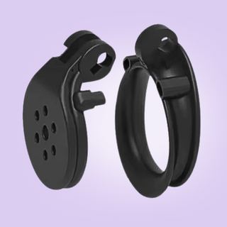 Showing the two separate pieces that make up the Flat Gatling Black with double cuff base ring. You can see the chastity cage and it's base ring.