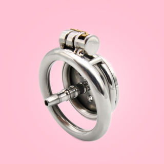 A rear view of The Flat Gatling cock cage, from the rear view you can see the flat base ring and urethral tube fixed in place.