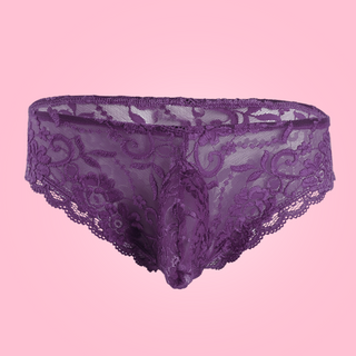 Floral lace panties from House Of Chastity. The knickers are purple, and are in a bikini style with penis pouch.
