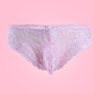 Floral lace panties from House Of Chastity. The knickers are pale pink, and are in a bikini style with penis pouch.