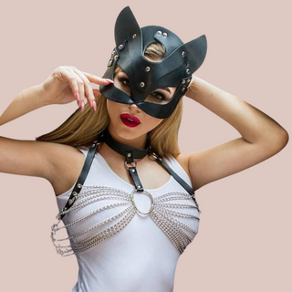 The fox mask shown being modelled, you can see how it is designed to sit on the nose.