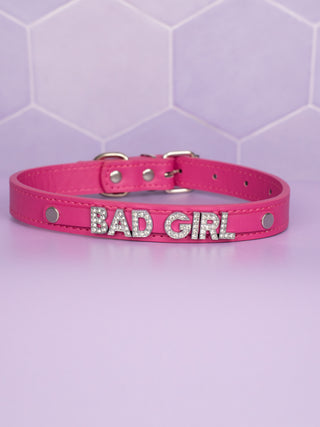 The hot pink Glimmer Bad Girl collar with adjustable strap.