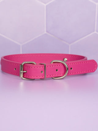 A rear view of the hot pink collar, the buckle, D-ring and adjustable strap can be seen.