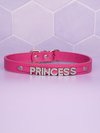 The hot pink collar with sparkly rhinestone lettering spelling out Princess.