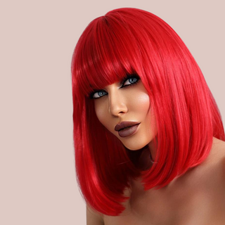 The Red Wig shown being modelled, it is a lush red colour with impeccable styling.