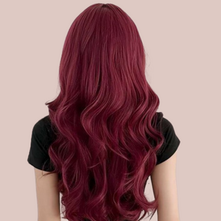 A rear view of the dark long wig, this image shows the hair has been styled with waves and falls down the back in a waterfall effect.