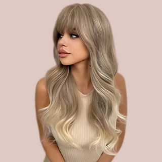 An angled view of the HOC226-1 wig, this view shows how beautifully styled it is, you can see the long fringe and how the hair flows over the shoulders and down the chest.