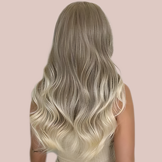 A rear view of the HOC226-1 Blonde Ombre wig, you can see the soft wave styling and almost waist length style.