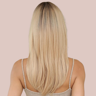 A rear view of the HOC242-1 platinum blonde wig, it is beautifully straight, with a layered edge.