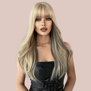 The Long Straight Flowing Ombre Blonde wig from House Of Chastity being modelled. You can see the soft long style blonde locks with fringe. Edit alt text