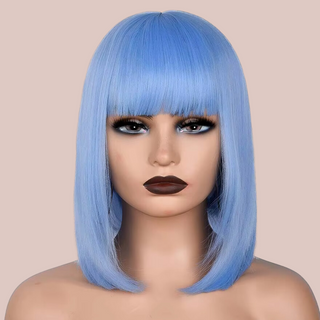 The blue wig shown modelled on a mannequin.
