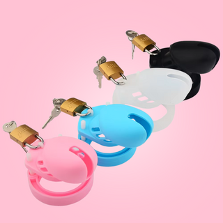 All four colours of the HOC600 Silicone chastity cage in size small, they are shown fully assembled with the lock and keys shown too.