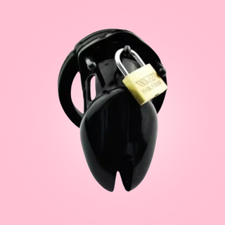 The HOC600 Silicone chastity cage Small is shown here in black fully assembled with the padlock in place.