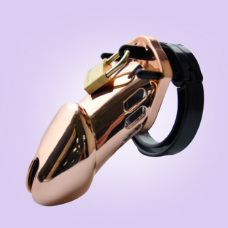 The HOC600 Chastity Cage in Rose Gold, it is shown fully assembled and has a standard size cage.