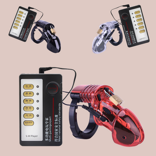 The 600HOC shocker is pictured in red, it is similar to the CB6000, yet it has detachable electronic pads that allow the wearer to receive electric shocks. The control panel is also shown. The colour circles on the left show the colours that this cage is available in, which is black, red and transparent. The logo on the top right denotes the level of cage.