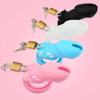 All four colours of the HOC600 Silicone chastity cage in size standard, they are shown fully assembled with the lock and keys shown too.