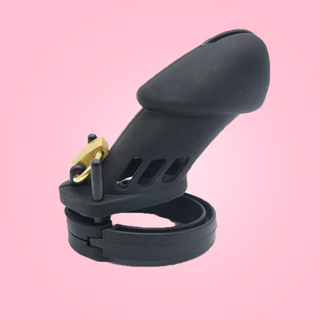 The HOC600 Silicone chastity cage standard is shown here in black fully assembled with the padlock in place.