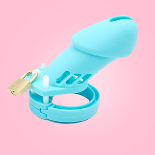 The HOC600 Silicone Standard chastity cage is shown here in blue fully assembled with the padlock in place