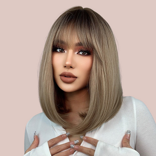 The dark blond long straight wig being modelled, you can see the long fringe that has been softly styled.