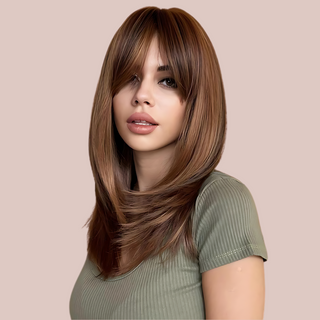 The HOC6133-1 chestnut brown wig from House Of Chastity being modelled.