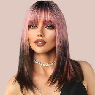 HOC9050-1 Pink/Black Ombre Shoulder Length Wig modelled for House of Chastity. Soft pink to black shoulder-length straight hair with a blunt fringe choppy ends.
