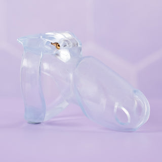 A side view of the HT V4 Transparent chastity cage fully assembled from a side view.