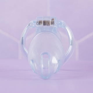 A front view of the fully assembled HT V4 Transparent, you can see the air vents and urination hole at the end of the chastity cage.